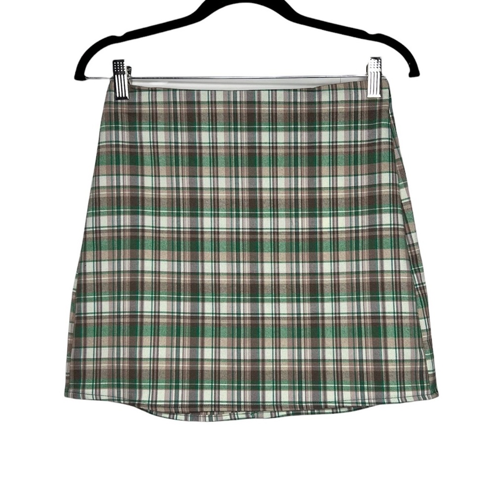 Zara Check Plaid Green Brown Cream Mini Skirt Size Small NEW